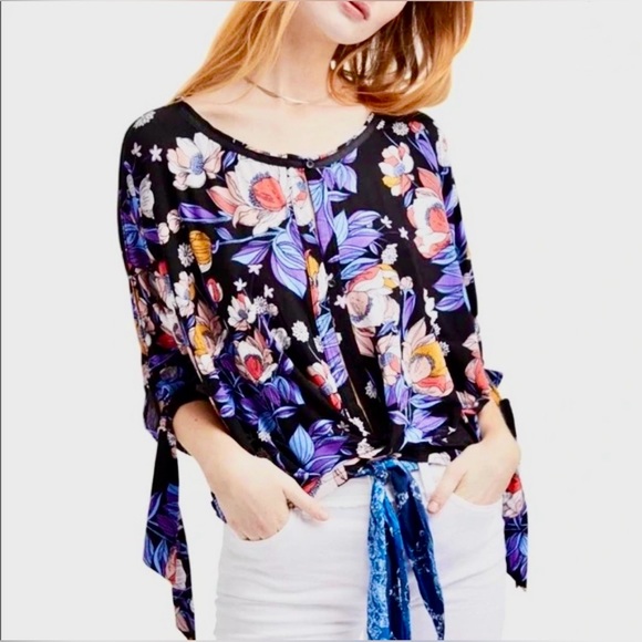 Free People Keepin’ On Tee Tropical Floral Print Women's Ling Sleeve Blouse Med. - Picture 3 of 12